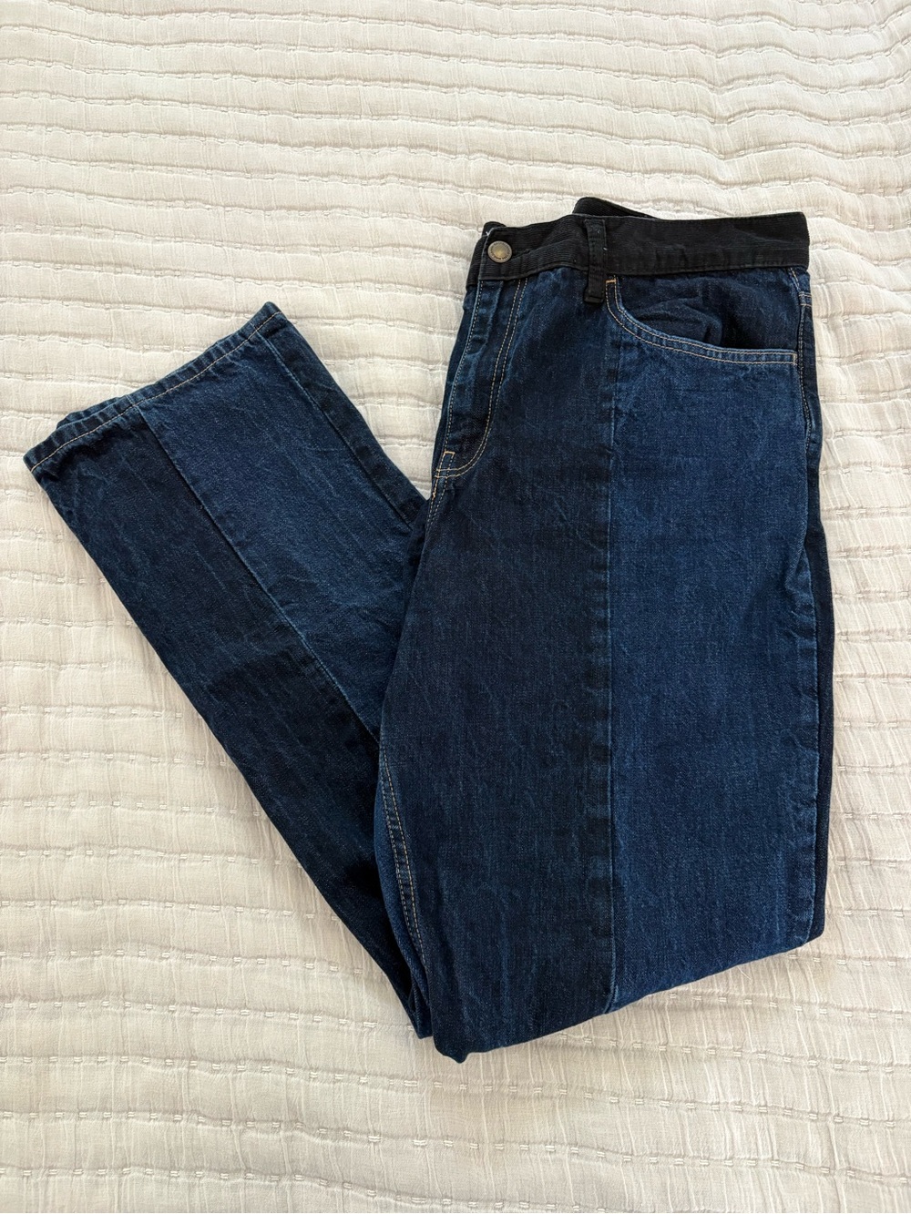 Mango (MNG) Two-tone Panel Straight-leg Jeans Dark Blue Black Cord Waist Band 14